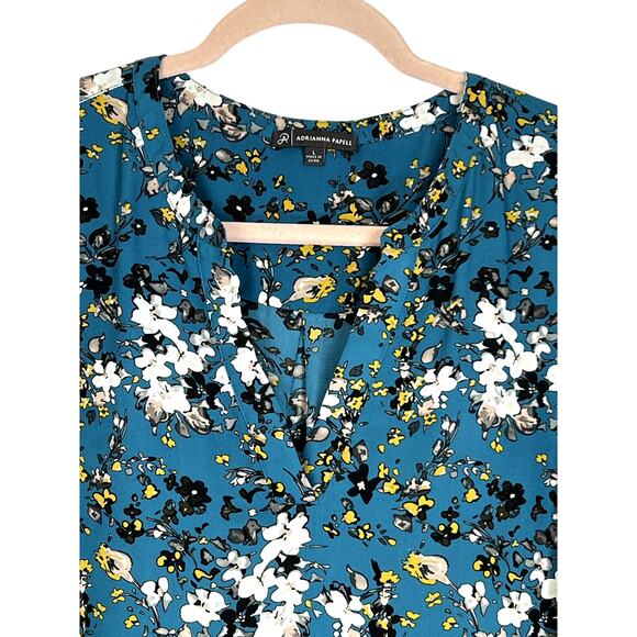 Adrianna Papell Blue w/ White, Black & Yellow Flowers V-neck Blouse Top Size L - Picture 6 of 8